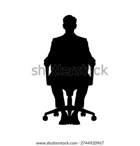 A black silhouette of a man sitting on an office chair with wheels, viewed from behind, against a pure white background, simple and professional