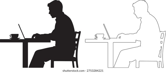 A black silhouette of a man sitting at a table working on a laptop with a cup of coffee, beside a white outline version of the same image on a plain white background