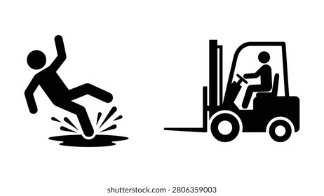 Black silhouette of man slipping on oil and forklift driver on white background