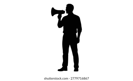 Black silhouette of a man speaking into a megaphone, isolated on a white background. This graphic is a simple and impactful visual.