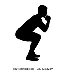 A black silhouette of a man in a squat position, demonstrating fitness and strength, isolated on a white background.