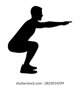 Black silhouette of a man in a squat position demonstrating fitness and strength exercise on a plain white background.