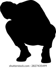 Black silhouette of man squatting on white background.