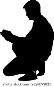 Black silhouette of man squatting on white background.