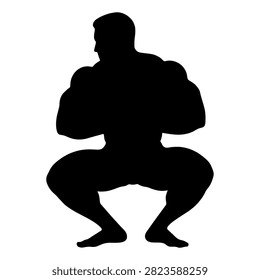 Black silhouette of a man in a squatting position, emphasizing muscular build and physical strength, on a plain white background.