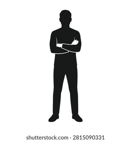 black silhouette of a man standing with arms crossed against a white background, symbolizing confidence or defiance