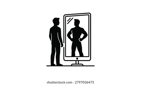 A black silhouette of a man standing before a mirror seeing a muscular version of himself