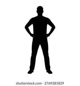 A black silhouette of a man standing confidently with his hands on his hips, viewed from the front, against a pure white background, showcasing a strong and assertive posture.
