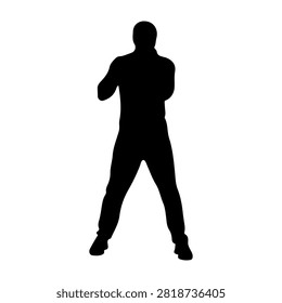 A black silhouette of a man standing confidently with arms crossed, emphasizing strength, confidence, and assertiveness against a plain background.