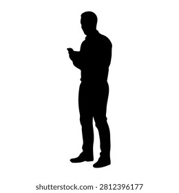 A black silhouette of a man standing and engaging with a smartphone, emphasizing modern technology usage and communication.