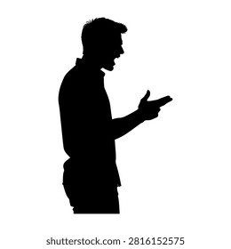 A black silhouette of a man standing and engaging with a smartphone, emphasizing modern technology and communication in a minimalistic style.