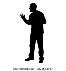 Black silhouette of a man standing and gesturing with his hand, illustrating communication or presentation in a minimalistic style.