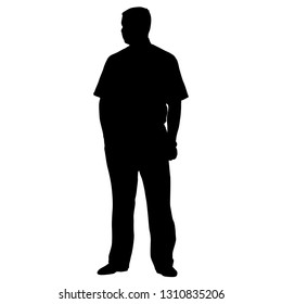 Black silhouette of a man standing with a hand in his pocket on a white background