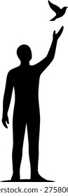 a black silhouette of a man standing with his right arm raised, releasing a bird into the air. the man is standing on a flat surface with his left arm by his side. the background is plain white.
