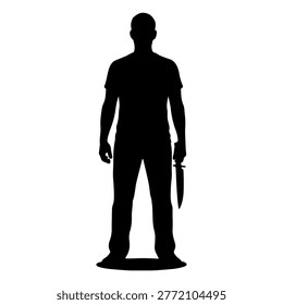 A black silhouette of a man standing and holding a knife in his right hand.