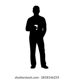 Black silhouette of a man standing and holding a coffee cup, emphasizing shape and posture without background details.