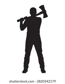 Black silhouette of a man standing and holding a large axe over his shoulder isolated on a white background vector.