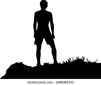 Black silhouette of man standing on the top of the hill, enjoying beautiful view. Vector illustration, isolated on white background.