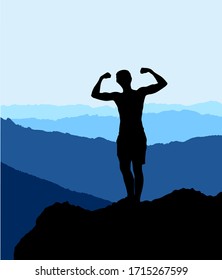Black silhouette of a man standing on the top of the hill showing his strength. Mountains in the background. Black and blue vector illustration. 