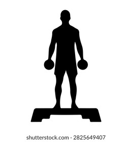 Black silhouette of a man standing on a platform, holding dumbbells in both hands, symbolizing fitness, strength, and workout routines.