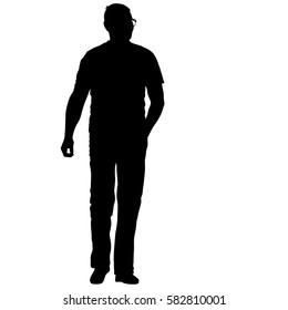 Black Silhouette Man Standing, People On White Background