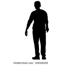 Black silhouette man standing, people on white background.