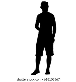 Black silhouette man standing, people on white background.