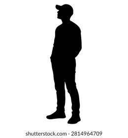 A black silhouette of a man standing in profile, wearing a cap and casual attire, set against a plain white background.