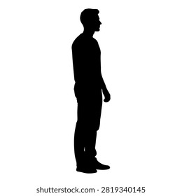 A black silhouette of a man standing in profile against a white background, emphasizing shape and posture without details.