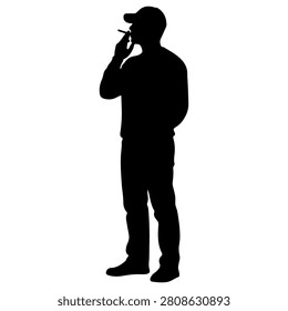 A black silhouette of a man standing and talking on a mobile phone, set against a plain white background, emphasizing communication and technology.