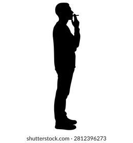 A black silhouette of a man standing and talking on a mobile phone, set against a plain white background, emphasizing communication and technology.