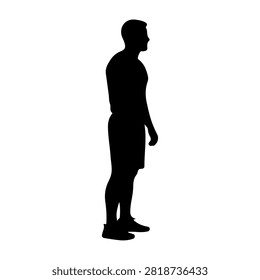 A black silhouette of a man standing upright in profile against a plain white background, emphasizing posture and form.