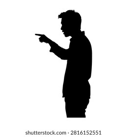 A black silhouette of a man standing and using a smartphone, isolated on a white background, emphasizing modern technology and communication.