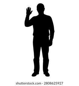 Black silhouette of a man standing and waving hand, isolated on white background, symbolizing greeting, farewell, or communication.