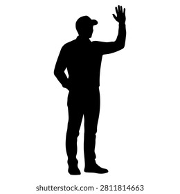 A black silhouette of a man standing and waving with his right hand, isolated on a white background, conveying greeting or farewell gesture.