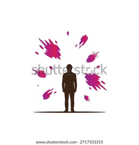 A black silhouette of a man stands facing forward with dynamic purple and pink paint splatters radiating around him on a pure white background, creating a visually striking contrast of colors and shap