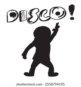 Black silhouette of a man in the style of the 70s and with the inscription Disco, the guy dances disco raising his “Victory hand”, concept 70s-80s Disco hand drawn with ink