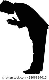 A black silhouette of a man in a suit bowing with hands pressed together in a gesture of respect, greeting, or apology, isolated on white background.