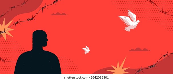 A black silhouette of a man surrounded by barbed wire on a red background. A symbol of dictatorship, civil unfreedom in an authoritarian regime.