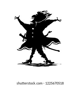 Black silhouette of a man with sword and medieval dress, waving hands up.