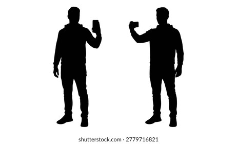 Black silhouette of a man taking a selfie with a smartphone, shown in two different poses against a white background.