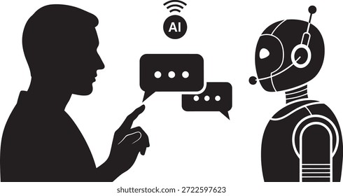 Eine schwarze Silhouette eines Mannes, der mit einem Roboter spricht, mit Sprechblasen und einem KI-Symbol dazwischen