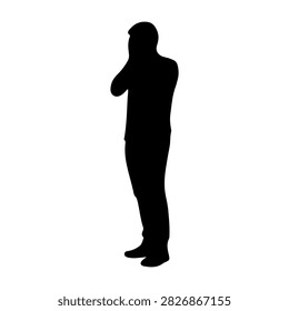 A black silhouette of a man in a thoughtful pose, standing with one hand on his chin, symbolizing contemplation and decision-making.
