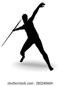 black silhouette man throwing the javelin, white background , isolated illustration