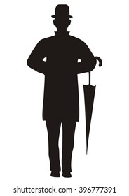 black silhouette of man and umbrella, vector icon