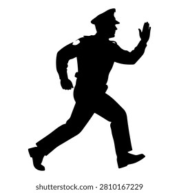 A black silhouette of a man in uniform running, captured in motion, emphasizing energy and action against a plain white background.
