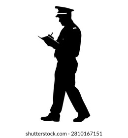 A black silhouette of a man in uniform walking while reading a book, emphasizing discipline, education, and professionalism.