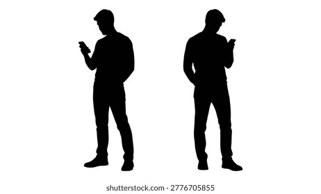 Black silhouette of a man using a smartphone in two different poses, isolated on a white background.
