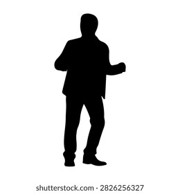 A black silhouette of a man walking, captured in motion, with a plain white background emphasizing movement and human form.