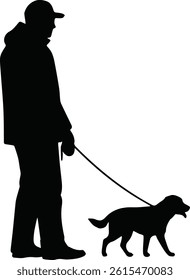 Black silhouette of a man walking a dog on a leash, side view isolated
